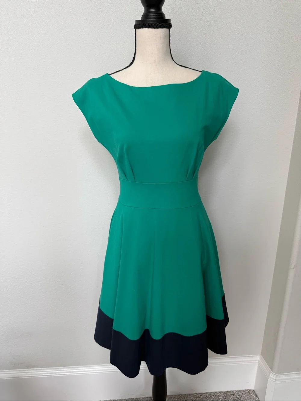 kate spade Emerald Green Fit-and-Flare Dress with Navy Contrast Hem